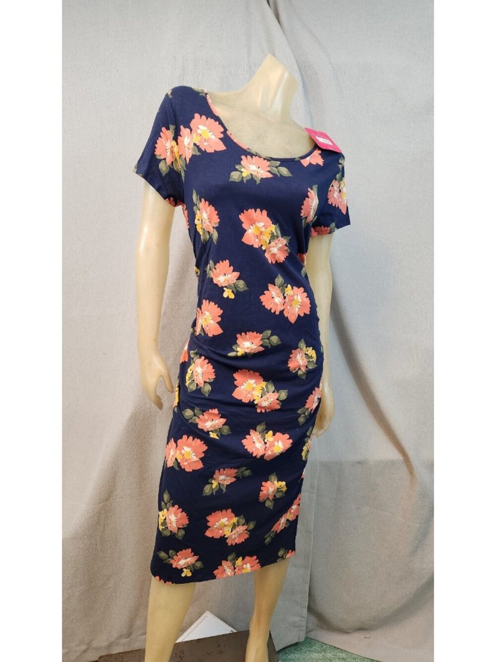 Isabel Maternity Blue Pink Floral Cap Slv Scop Neck Shift Dress Womens SMALL NEW